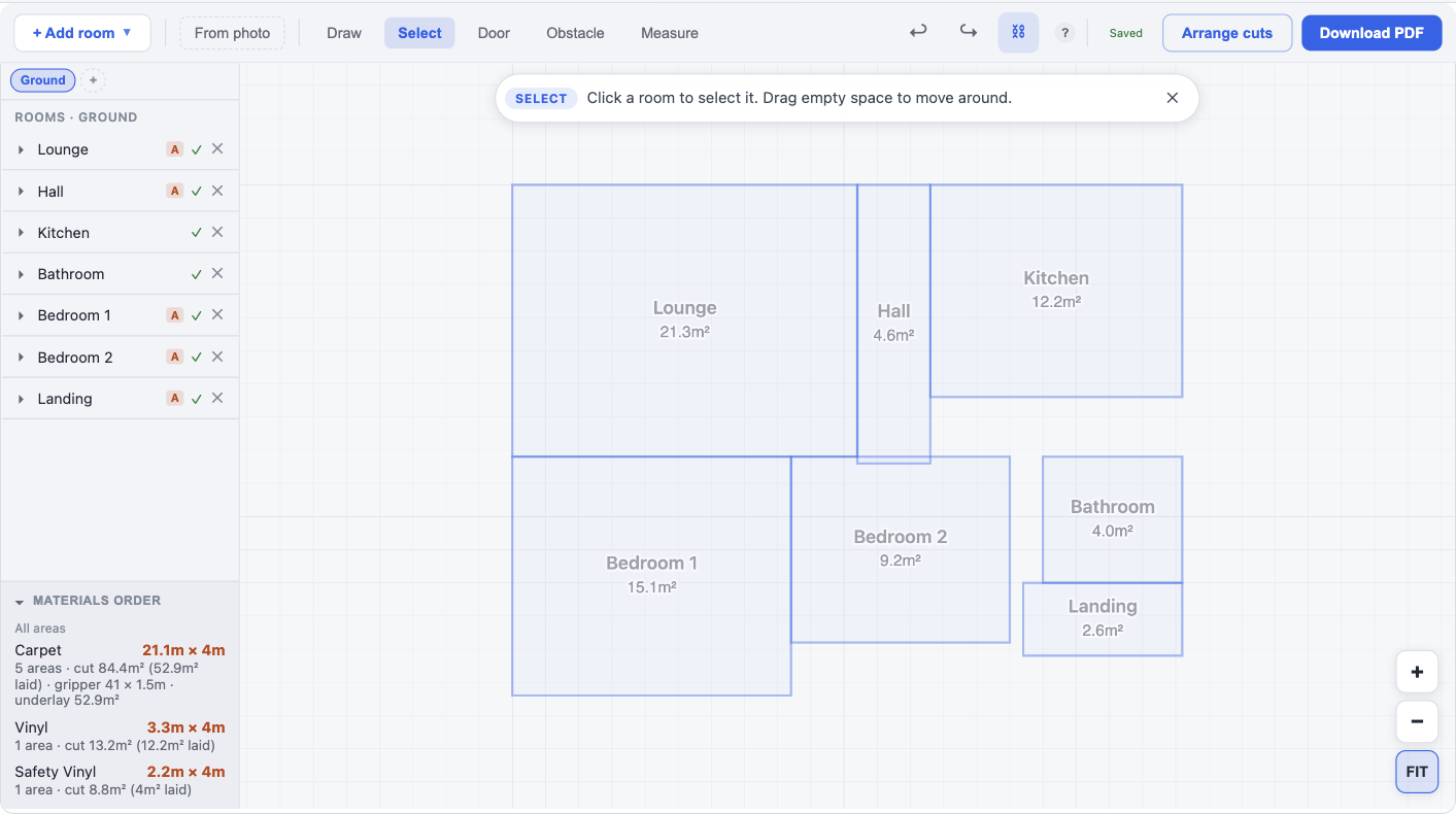 The editor with the seven rooms arranged as a house — Lounge, Hall and Kitchen across the top, Bedroom 1, Bedroom 2, Bathroom and Landing below — with the materials order in the sidebar: carpet 21.1 m × 4 m, vinyl 3.3 m × 4 m, safety vinyl 2.2 m × 4 m.