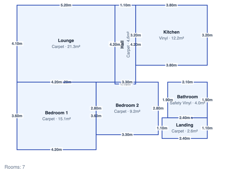The PDF's overall plan page: every room drawn to scale with wall lengths, floor type and area.